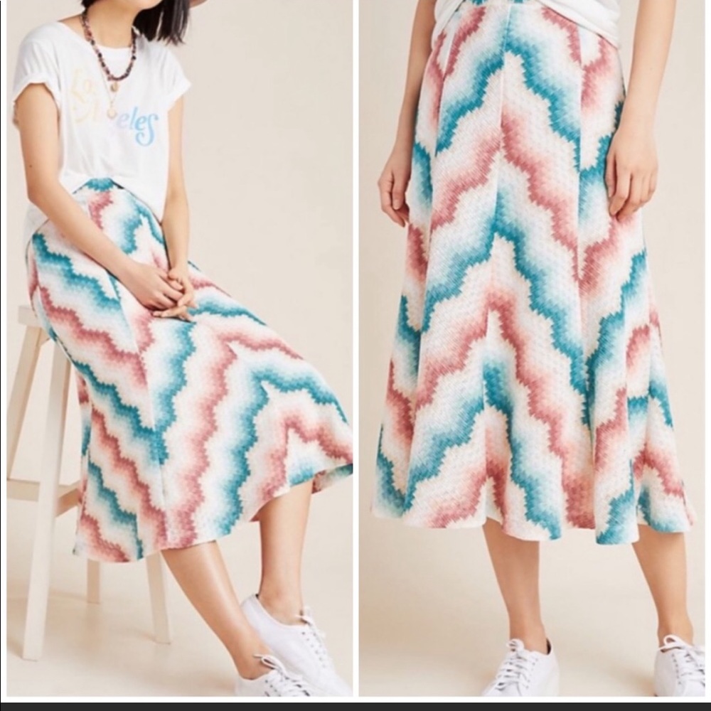 Anthropologie Wave Chevron Midi Skirt in Teal and Dusty Rose